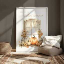 Neutral Hello Autumn Print, Beige Home Decor, Above Sofa Pumpkin Wall Art, Country Farmhouse Halloween, Fall Prints - thumbnail 2