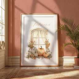 Neutral Hello Autumn Print, Beige Home Decor, Above Sofa Pumpkin Wall Art, Country Farmhouse Halloween, Fall Prints - thumbnail 3