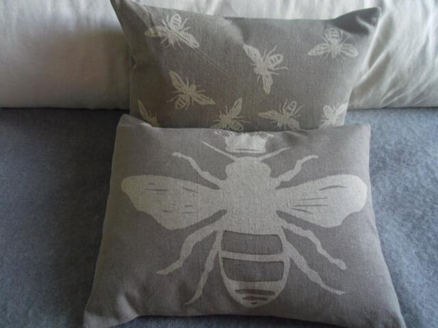 Hand Printed Queen Bee & Little Bees Cushion Pair Covers - image 1