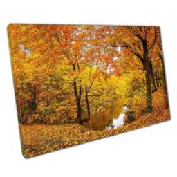 Serene Autumn Woodland Lake Canvas Vibrant Orange & Yellow Nature Print For Home Or Office Decor - thumbnail 1