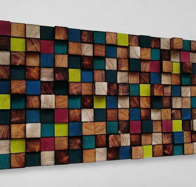 Colorful Reclaimed Wood Mosaic Wall Art - Handmade Sound Diffuser - image 1