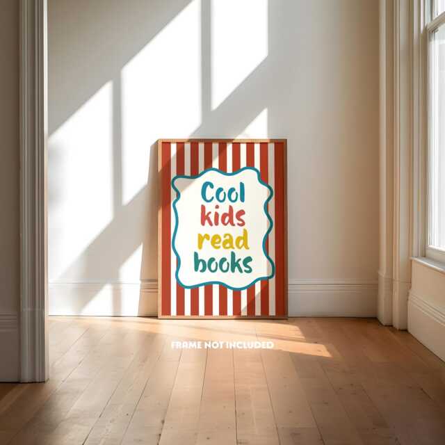 Cool Kids Read Books Print, Playroom Reading Bookworm, Nook, Boys Room Wall Art, Retro Stripe, Red Yellow Green - image 1