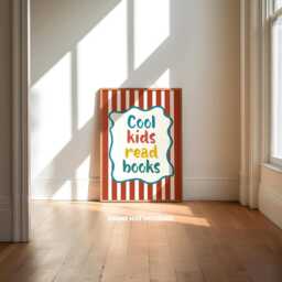 Cool Kids Read Books Print, Playroom Reading Bookworm, Nook, Boys Room Wall Art, Retro Stripe, Red Yellow Green - thumbnail 1