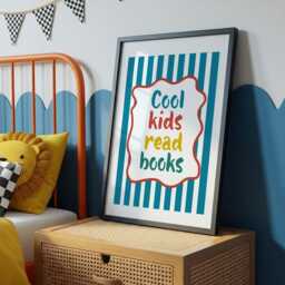 Cool Kids Read Books Print, Playroom Reading Bookworm, Nook, Boys Room Wall Art, Retro Stripe, Red Yellow Green - thumbnail 2
