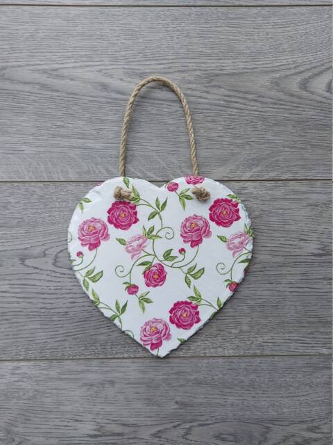 Peony Pink Flower Heart Slate Plaque Wall Hanging White Decoration Large 20cm, Christmas Gifts - image 1