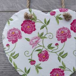 Peony Pink Flower Heart Slate Plaque Wall Hanging White Decoration Large 20cm, Christmas Gifts - thumbnail 2