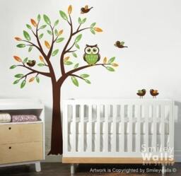 Owl Tree Wall Decal, With Owls Birds Children Decal Nursery Vinyl Decal Baby Room Art Decor Wall - thumbnail 1