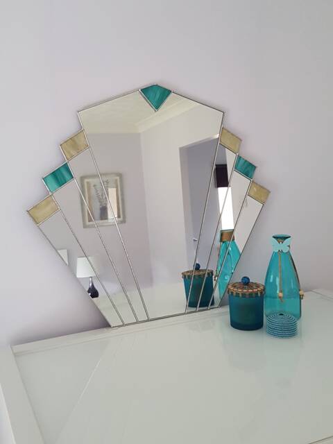 Vintage 1930's Style Art Deco Mirror - Fan Shaped Teal Stained Glass - image 1