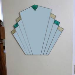 Vintage 1930's Style Art Deco Mirror - Fan Shaped Teal Stained Glass - thumbnail 2