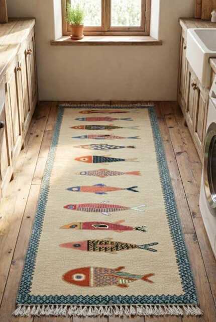 Handwoven Wool Koi Fish Runner Rug, Japanese-Inspired Home D??cor - image 1