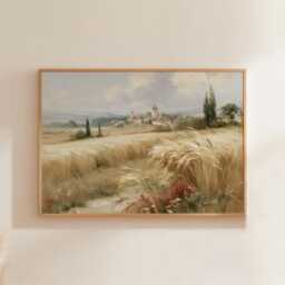 Wheat Field Poster, Village Landscape Print, Country Wall Art, Paper - thumbnail 1