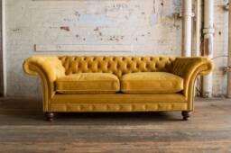 British Handmade 3 Seater Mustard Velvet Fabric Chesterfield Sofa
