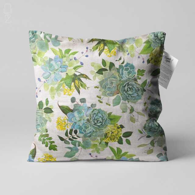 Echeveria Pillow Cover, Green & Yellow Floral Chenille Cushion, Double Sided Print - image 1