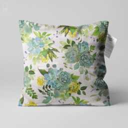 Echeveria Pillow Cover, Green & Yellow Floral Chenille Cushion, Double Sided Print - thumbnail 1