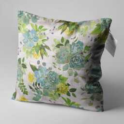 Echeveria Pillow Cover, Green & Yellow Floral Chenille Cushion, Double Sided Print - thumbnail 3
