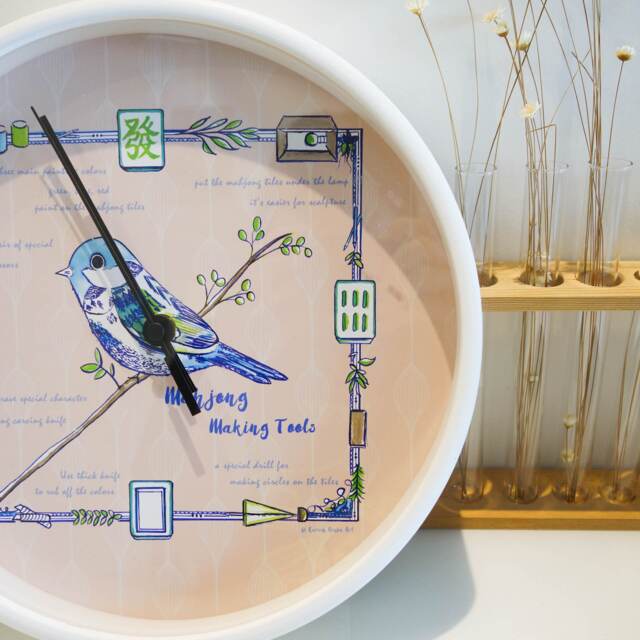 Illustrated Wallclock Mahjong Sparrow - Illustration, Plexiglass Crystal Face, Creative, Wooden Frame, Beautiful Painting - image 1