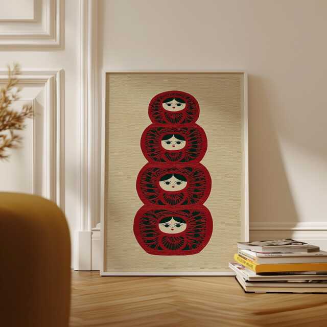 Matryoshka Art Print, Folk Doll Illustration, Nordic Style Wall Decor, Floral Linocut Poster - image 1