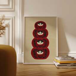 Matryoshka Art Print, Folk Doll Illustration, Nordic Style Wall Decor, Floral Linocut Poster - thumbnail 1