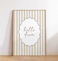 Sassy Diva Quote Print Modern Beige Stripes, Chic Bedroom Decor - thumbnail 1