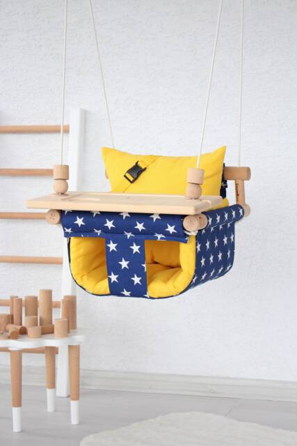 Wooden Baby Swing With Table Navy Star Cotton Duck, Montessori Design - image 1