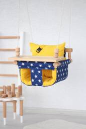 Wooden Baby Swing With Table Navy Star Cotton Duck, Montessori Design - thumbnail 1