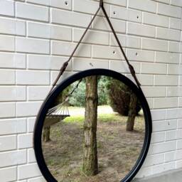 Black Round Leather Mirror - Large Bathroom Wall Decor, Modern Wood Frame Hanging For Salon, Entryway, Hallway & Living Room - thumbnail 3