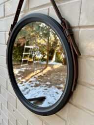 Black Round Leather Mirror - Large Bathroom Wall Decor, Modern Wood Frame Hanging For Salon, Entryway, Hallway & Living Room