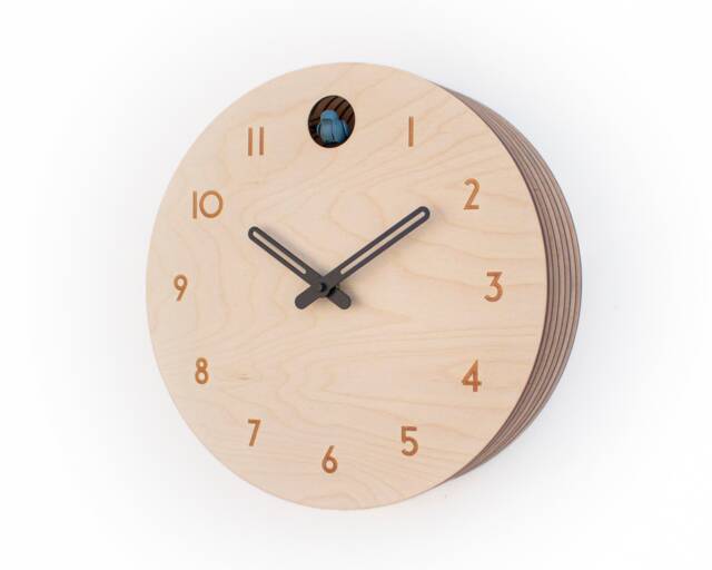 Minimal Wooden Wall Clock - Modern Birch Design With Custom Color Hands & Bird - image 1