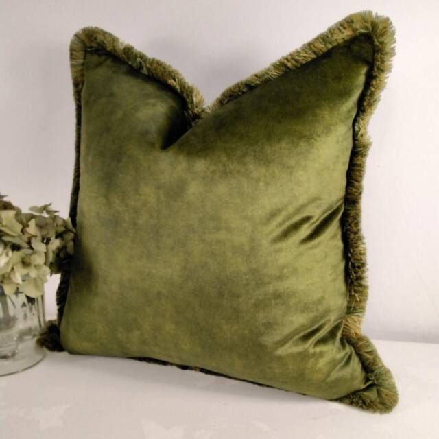 Velvet Square Cushion Cover Green Blue Orange Brown Brush Fringe Trim - image 1