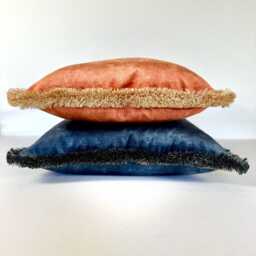 Velvet Square Cushion Cover Green Blue Orange Brown Brush Fringe Trim - thumbnail 3