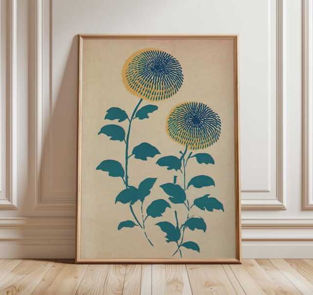 Japanese Floral Art Print, Modern Botanical Poster, Yellow & Blue Chrysanthemum Wall Art, Minimalist Asian Design, Zen Decor - image 1