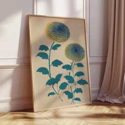 Japanese Floral Art Print, Modern Botanical Poster, Yellow & Blue Chrysanthemum Wall Art, Minimalist Asian Design, Zen Decor - thumbnail 2