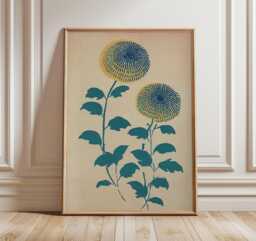 Japanese Floral Art Print, Modern Botanical Poster, Yellow & Blue Chrysanthemum Wall Art, Minimalist Asian Design, Zen Decor - thumbnail 1