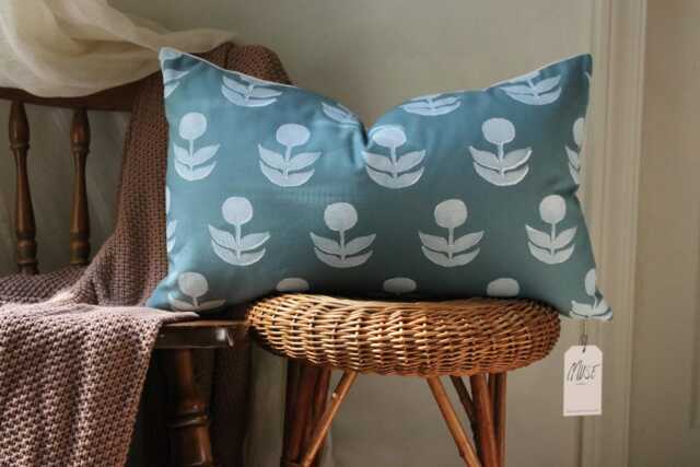 Hand Block Printed Blue Floral Linen Pillow Cover - Scandinavian Mid Century Decor - image 1