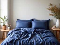 Dusty Blue Sateen Bedding Set 1 Duvet Cover & 2 Pillowcases Cotton Satin Comforter