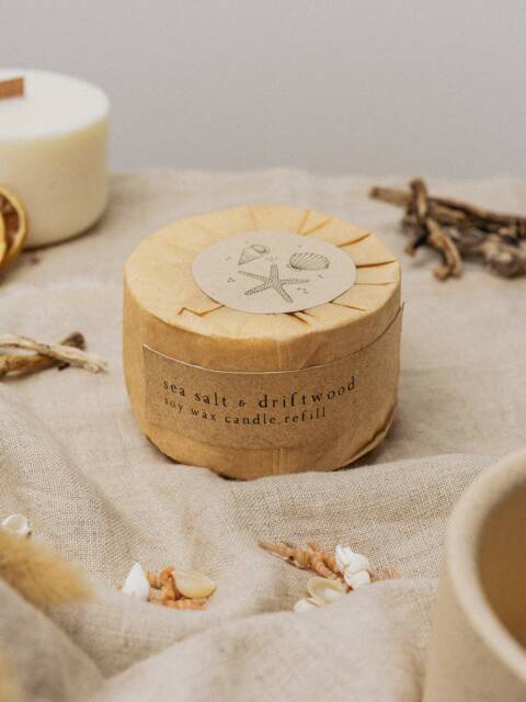 Sea Salt & Driftwood Refill, Botanical Soy Wax Candle Wood Wick, Stoneware Candle, Eco Friendly Gift, Mum Gift - image 1