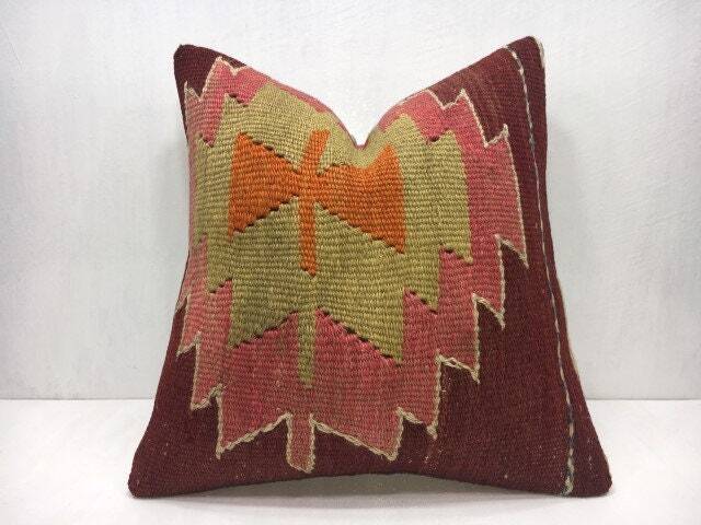 Handwoven Kilim Pillow Cover, Vintage Turkish Bohemian Decor - 16x16 - image 1