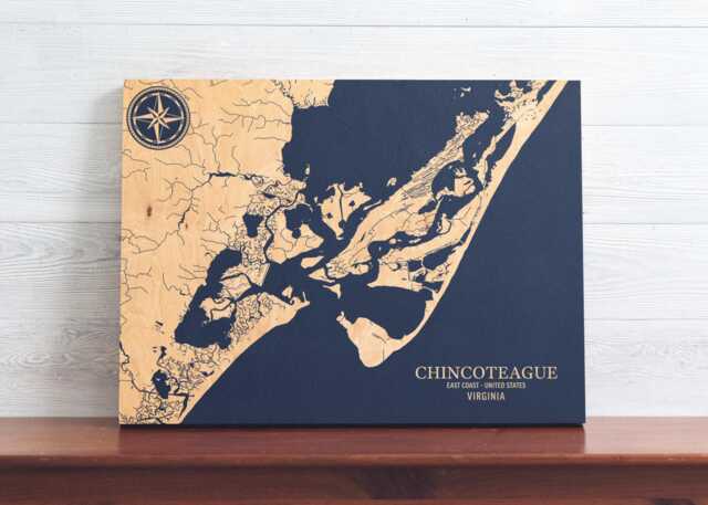 Chincoteague, Virginia Map - Engraved Wood Coastal Chart Wall Art Sign, Beach Home Decor Nautical Print, Unique Personalized Family Gift - image 1