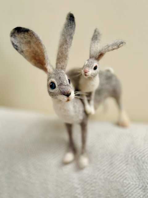 Needle Felted Daddy Hare Sculpture & Baby Rabbit, Ooak Rabbit Sculpture, Felted Hares, Easter Decor, Nursery Decor - image 1