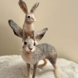 Needle Felted Daddy Hare Sculpture & Baby Rabbit, Ooak Rabbit Sculpture, Felted Hares, Easter Decor, Nursery Decor - thumbnail 3