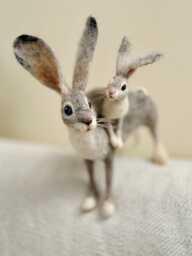 Needle Felted Daddy Hare Sculpture & Baby Rabbit, Ooak Rabbit Sculpture, Felted Hares, Easter Decor, Nursery Decor