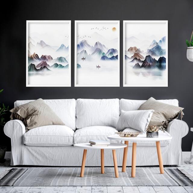 Japandi Wall Art Decor Framed 3 Piece Set Artwork For A Zen Living Room, Teal Large Relaxing Asian Designer Japan Poster Prints - image 1