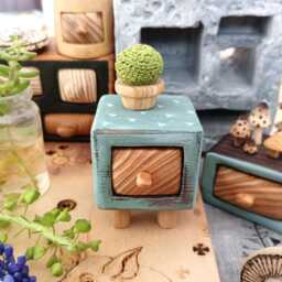 Hand Carved Miniature Cabinet Reclaimed Wood Jewelry Box With Crocheted Cactus - thumbnail 1