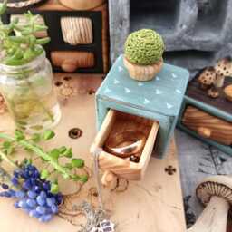 Hand Carved Miniature Cabinet Reclaimed Wood Jewelry Box With Crocheted Cactus - thumbnail 2