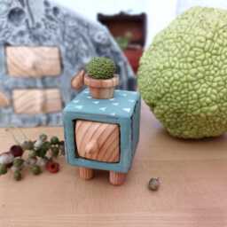 Hand Carved Miniature Cabinet Reclaimed Wood Jewelry Box With Crocheted Cactus - thumbnail 4