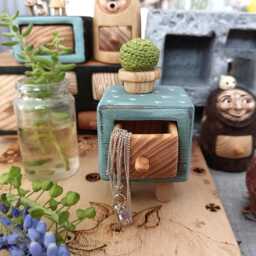 Hand Carved Miniature Cabinet Reclaimed Wood Jewelry Box With Crocheted Cactus - thumbnail 3