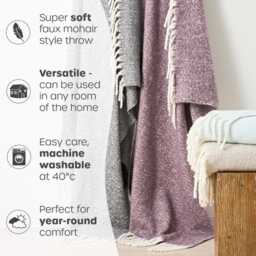 Faux Mohair Throw - Plain Coloured Cosy Winter Blanket With Fringe - Grey, Neutral, Purple, Blue Modern Home Luxury Sofa Throw, Bedspread - thumbnail 2