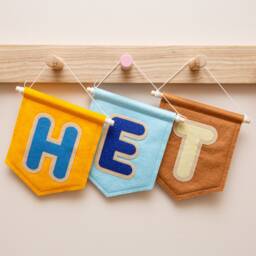 Custom Initial Wall Banner Flag. Personalised Bubble Name Felt Nursery Decor. A-Z Kids Room Hanging - thumbnail 1