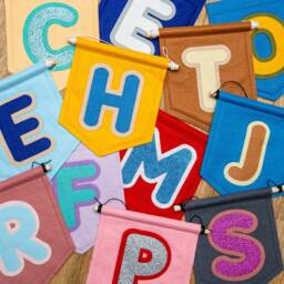 Custom Initial Wall Banner Flag. Personalised Bubble Name Felt Nursery Decor. A-Z Kids Room Hanging - thumbnail 3