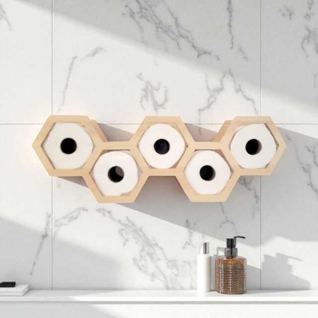 Hexagonal Pine Wood Toilet Roll Holder - Rustic Bathroom Organizer - image 1